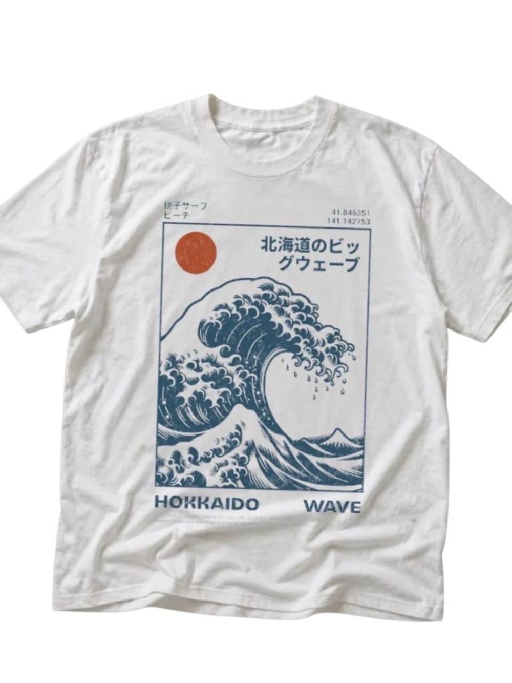 White Tee with Blue Wave and Orange Sun Graphic